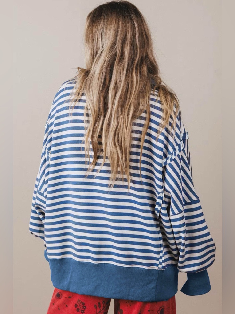 Stripe Color Block Trim Raw Seam Split Hem Loose Sweatshirt - Picture 4 of 16